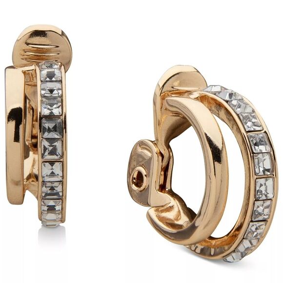 Anne Klein Gold-Tone Small Square Crystal Double-Row Clip-On Hoop Earrings, 0.6 - Picture 1 of 6